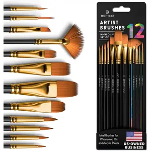 Professional Artist Paint Brush Set of 12 - Painting Brushes Kit for Kids Adults, for Canvas Watercolor Fabric Oil Acrylic Painting, Perfect for Beginners and Professionals