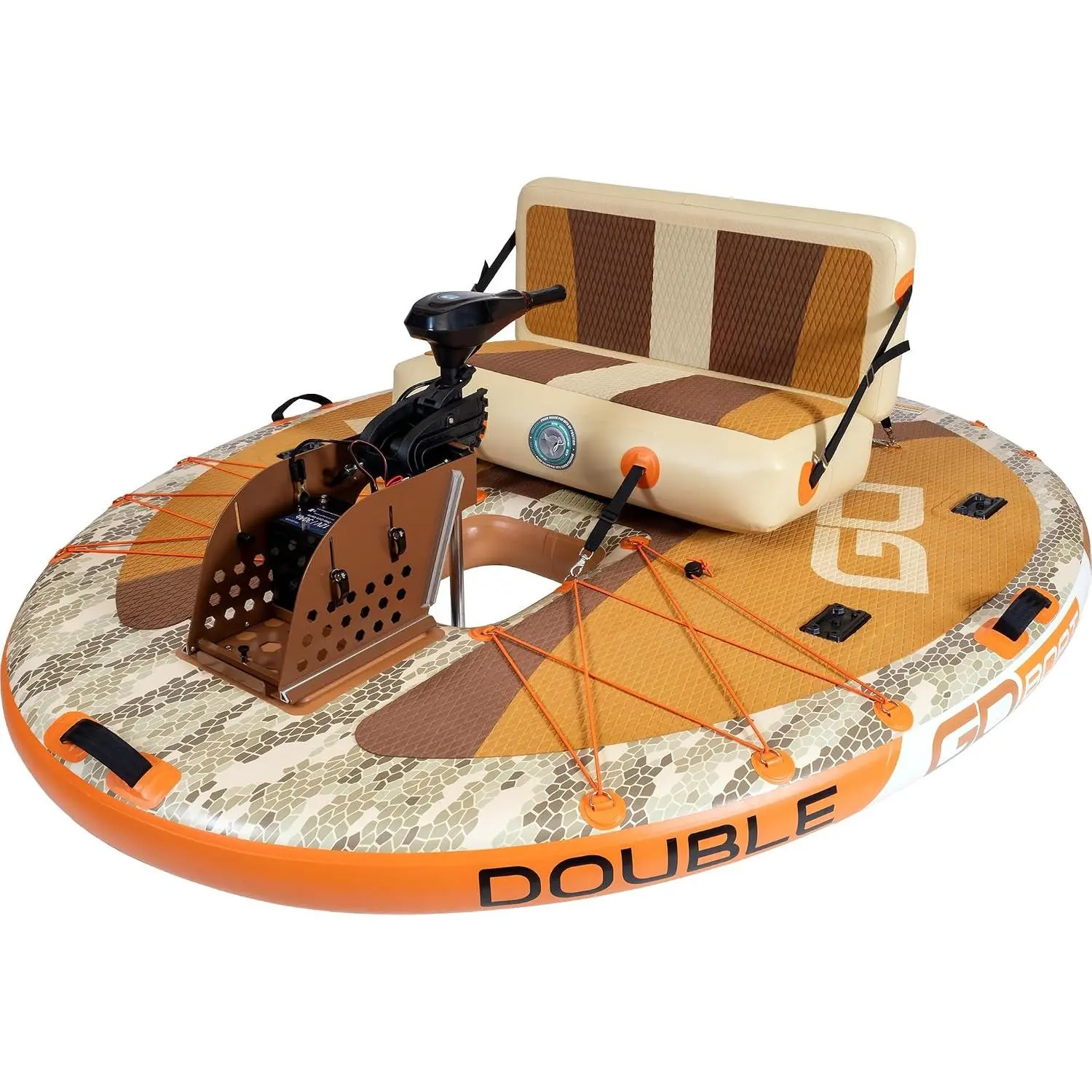 GoBoat Double Fish - 2-Person Inflatable Fishing Boat with 35lb Thrust Motor & Backpack | 90"x70" Dual Seating Watercraft | Battery Sold Separately
