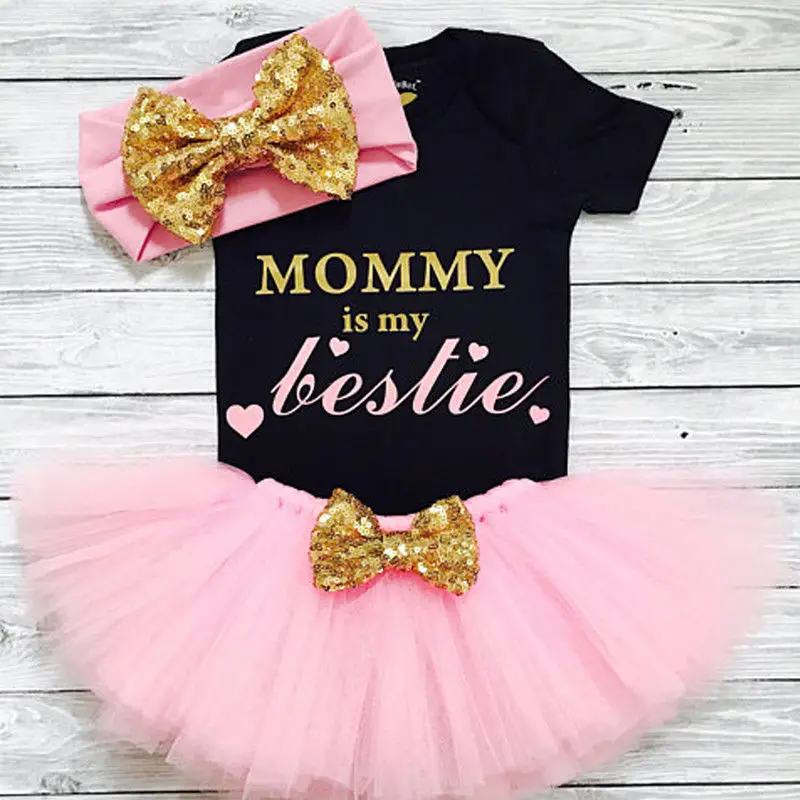 LAGKIYOJ Newborn Infant Baby Girl Clothes Outfits Summer Mama's Bestie Funny Letter Print Onesie Romper Bodysuit+Mesh Tutu Tulle Skirt Headband Set