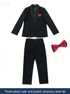 Boys 3-Piece Printed Lapel Tuxedo Set (Blazer + Pants + Bow Tie) | With Pocket Square | Black/White | Shirt Not Included | Ideal for Weddings, Graduations, Parties, Ring Bearer, Hosting, Performances, Celebrations, Dinners & Other Formal Occasions - 21107