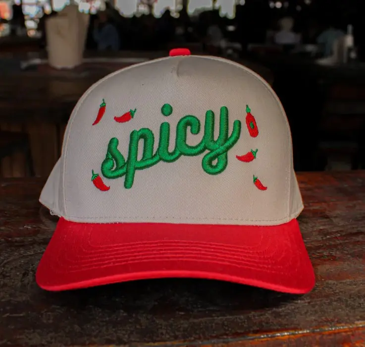 Spicy Embroidered Hat – Funny Chili Pepper Trucker Cap, Red and Cream Bold Baseball Hat, Hot Girl Summer Vibes, Sassy Latina Gift Idea