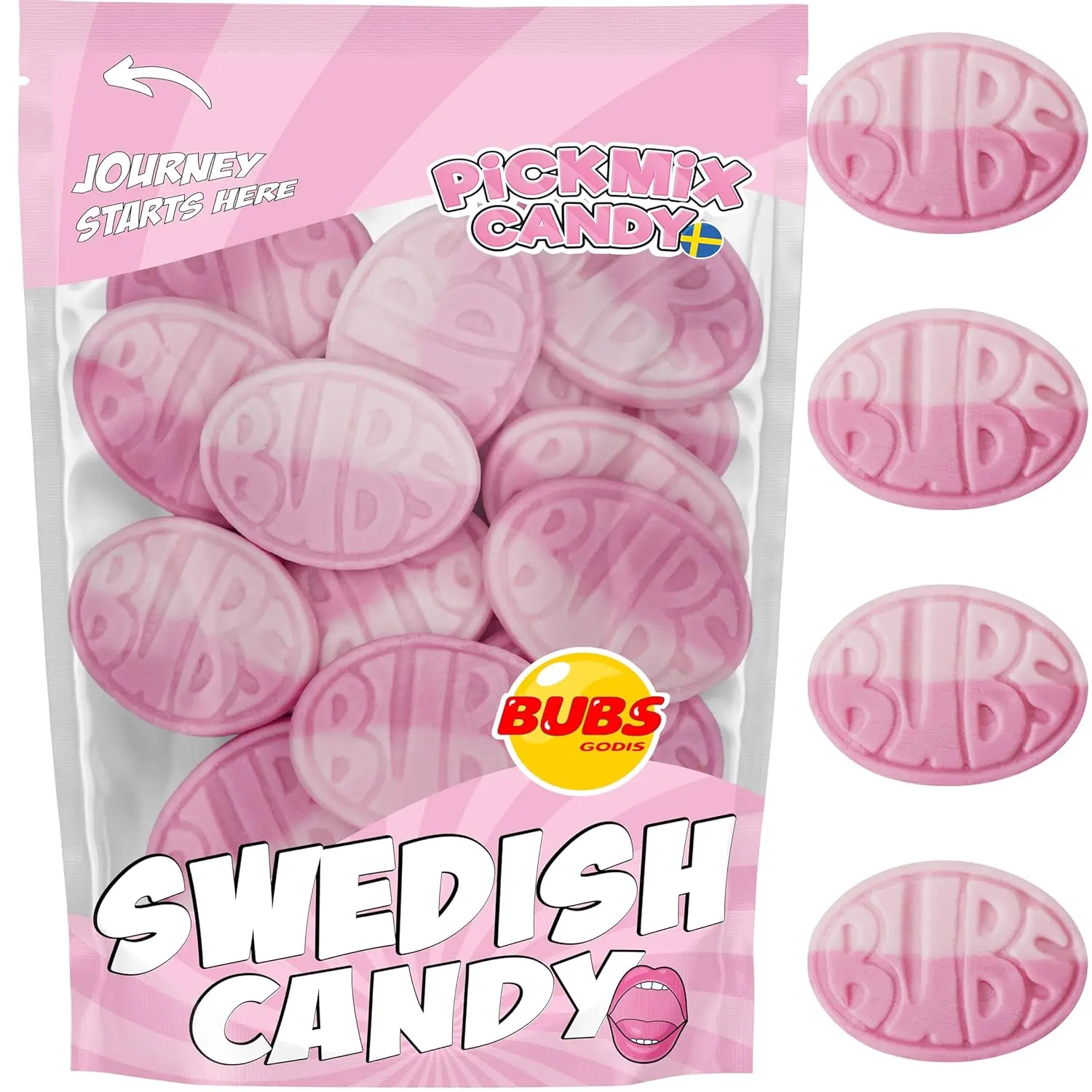 BUBS Swedish Candy Wild Strawberry Pomegranate Ovals, Sweet & Fruity Foam Candy from Sweden, Soft Chewy Texture, Imported Pickmix Candy Bag