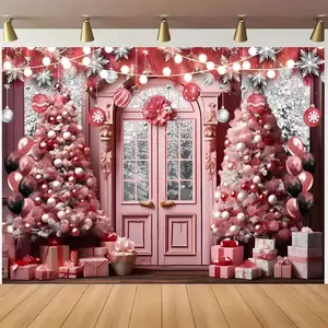 1pc 2D Flat Estive Ft/ft Pink Christmas Background with Pink Christmas Trees Gift Boxes Balloons and Snowflake Decorations Perfect for Christmas Parties and Holiday Decorations Easy to Use No Feathers
