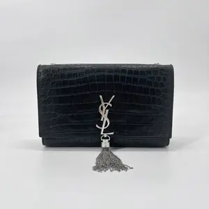 Pre-owned Yves Saint Laurent Crocodile Embossed Leather Shoulder Bags YSL Kate Medium Tassel Black Silver Hardware