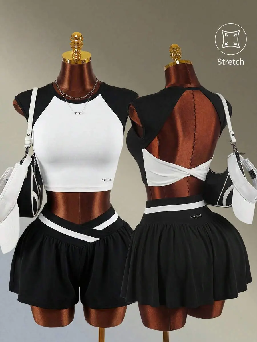 Backless Workout Top, Black and White Color-Blocked Knotted Backless Sports T-Shirt, Simple and Slim-Fitting Cropped Sports Top. Simple and Slim Fit, Suitable for Sports, Yoga, Leisure, Vacation, Spring, Summer, Autumn and Winter Open Back Athlet
