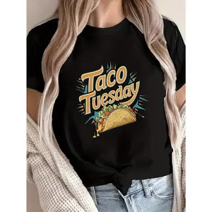 Women's TACO TUESDAY Graphic Print Short Sleeve Crew Neck T-Shirt - Vibrant Green with Taco Illustration, 100% Cotton & 100% Spandex, Casual Summer & Spring Top, Machine Washable