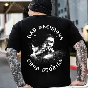 Women's Short-Sleeve Round Neck Streetwear Tshirt, Casual Goth Character-Based Top with "Bad Decisions Make Good Stories" Smoking Nun Print (Black)