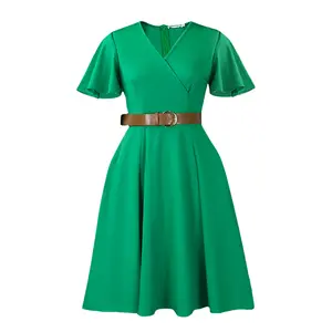 3333 Emerald Green Wrap V-Neck Midi Dress for Women - Short Flare Sleeve, A-Line Silhouette with Brown Belt | Elegant Versatile Dress for Work, Brunch, Date & Formal Occasions
