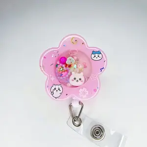 Pastel Pink Flower Shaker Badge Reel, Kawaii White Hamster Retractable Badge Reel, Hamster Shaker ID Badge Holder, UV Resin Badge Reel
