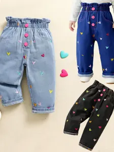 6‑36 Months Infant Baby Girls Washed Soft Denim Long Pants Summer Jeans Three Colors Unrestricted for Daily Play Heart‑Embroidered Wide‑Leg Jeans Breathable Skin‑Friendly Color‑Contrast Heart Embroidery + Cuffed Hems Outfit for Camping and Vacation