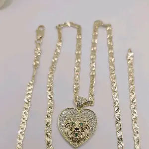 Lion Heart Pendant Multi-stones Regular Chain Style Gold-plated 24-inches Necklace with Sparkling Lion Design Fashion Jewelry Party