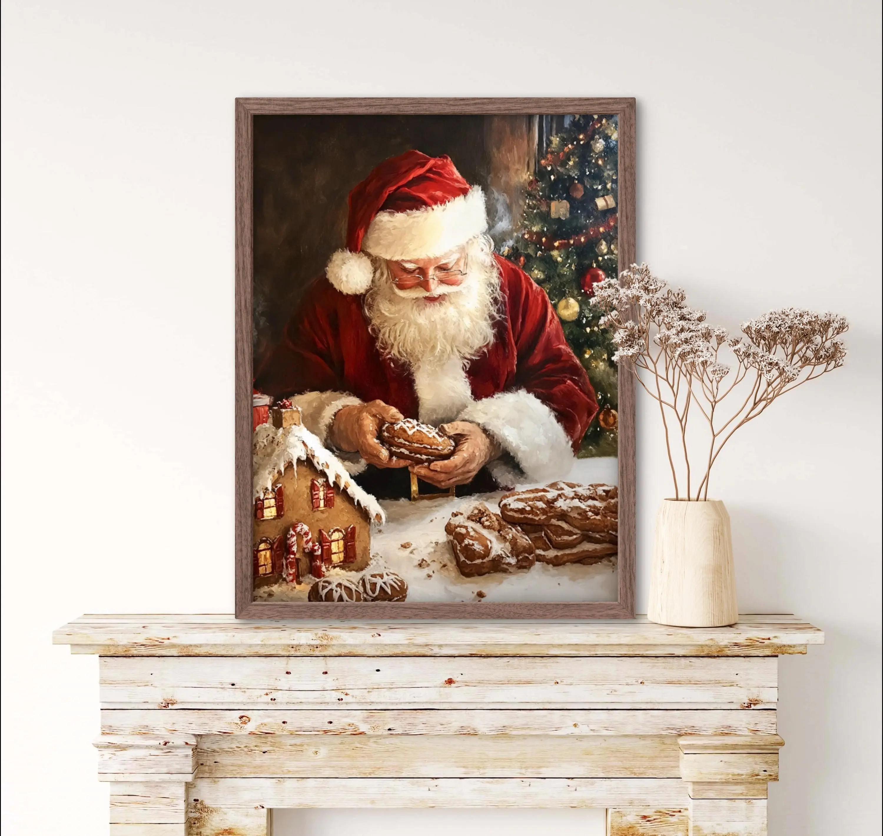 Christmas Gingerbread House and Santa Art Print, Vintage Cozy Christmas Wall Art Print, Kitchen Home Decor