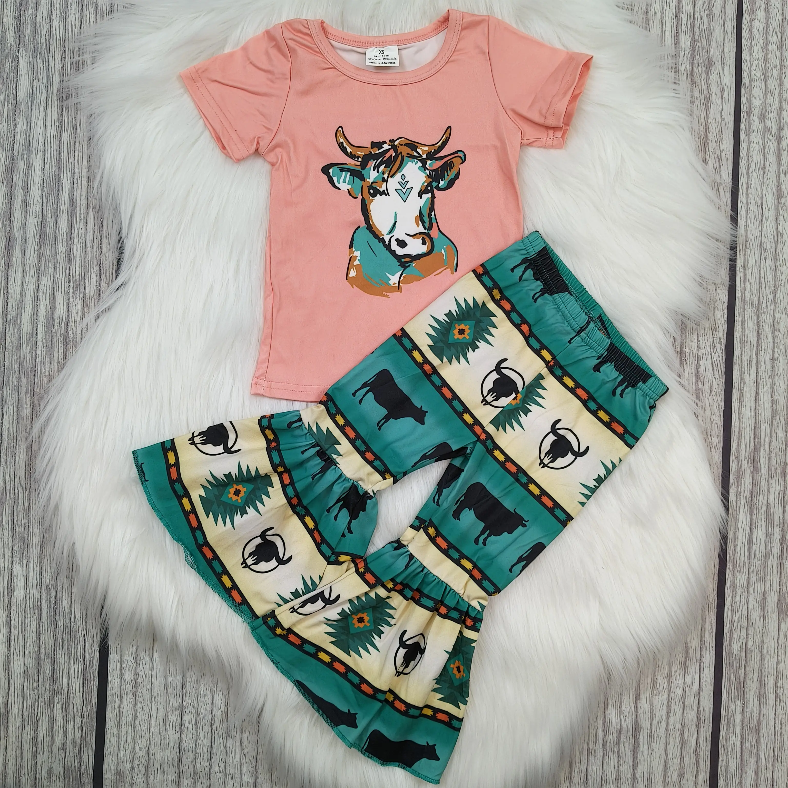 B12-15--Kids Clothing Western Cow Pink Aztec Girls Sets