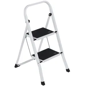Zeny Folding Step Ladder Non-Slip 2-Step Steel Stool with Handgrip & Anti-Slip Pedal White for Indoor & Outdoor Tasks