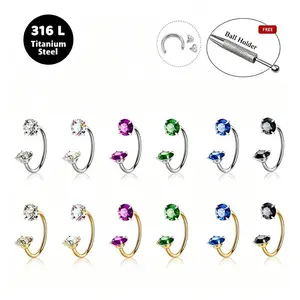 6pcs Value Pack 316L Titanium Steel 18G 1.0mm Internally Threaded Gems Horseshoe Hoop Nose Rings Lip Ring Nose Piercing Jewelry Navel Jewelry with Free Ball Holder & Guiding Tube #Summervibes #Y2K