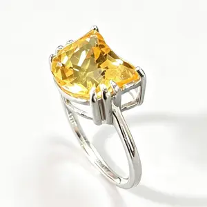 Unique Cat Shape Citrine Ring 925 Sterling Silver Adjustable | 10.3×10.7mm Faceted Natural Yellow Crystal Statement Ring with Claw Setting