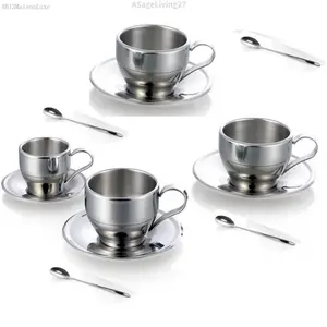Stainless Steel Coffee Cup Coffee Mugs Espresso Cups and  Cappuccino Cups with Spoon and Saucer  Idea for Coffee and  Lovers (4)ASageLiving27AB13MaisonLuxe