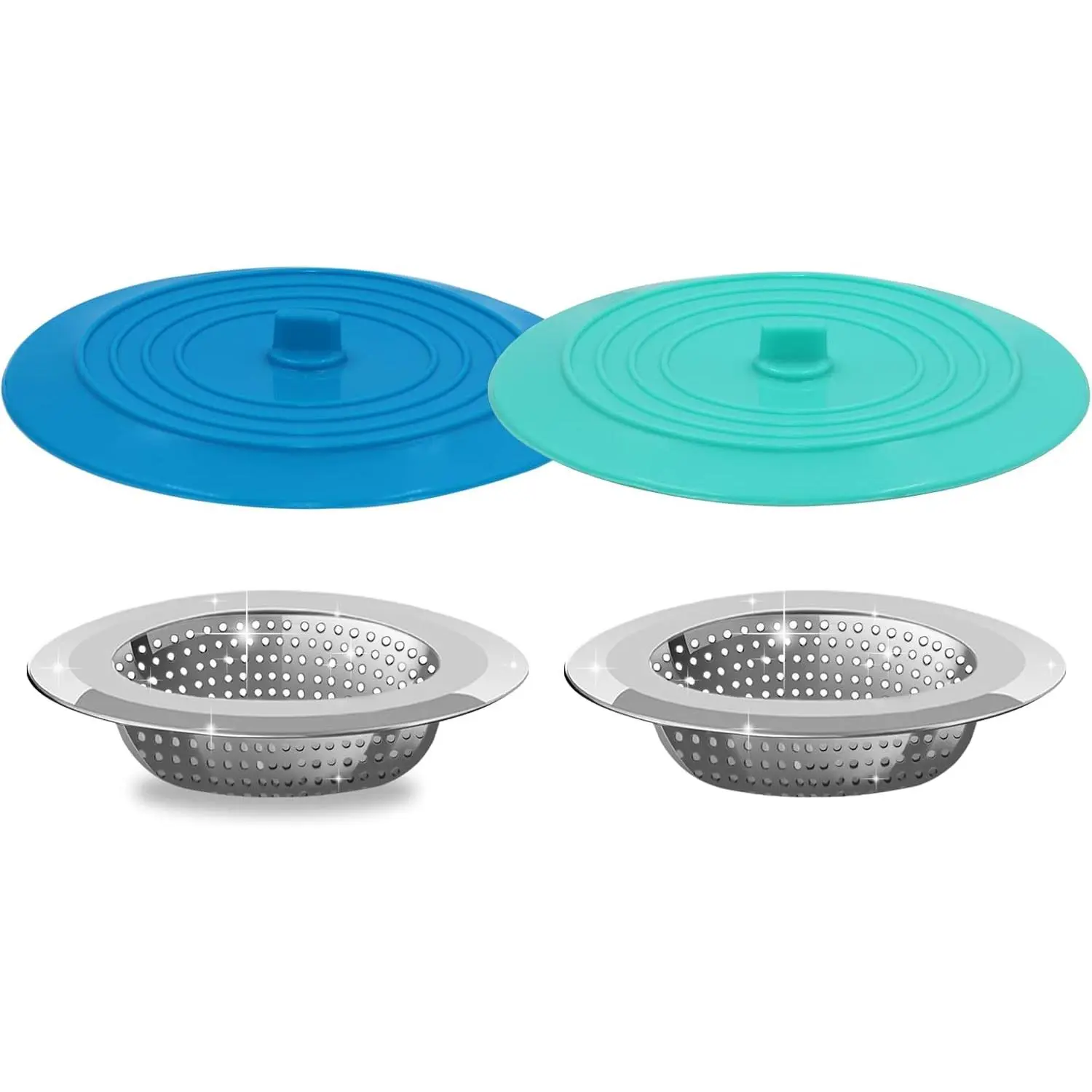 4-Pack Kitchen Drain Strainer Stopper Set, Universal 6-in Silicone Plug, 4.5-in Silicone-Steel Basket Strainer for Food and Hair Anti-Clogging