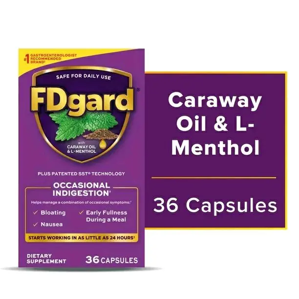 Digestive Health Supplement with Caraway Oil & L-Menthol for Occasional Nausea, Bloating & Upset Stomach FDgard, 36 Count, Wellness Treatment