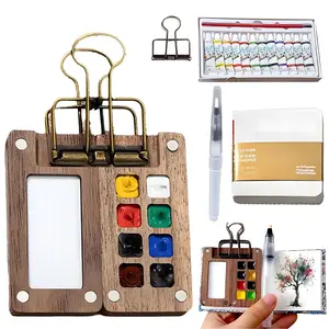 Mini Watercolor Kit, Mini Watercolor Set with Picture Book, Pocket Artist Water Color Travel Set with Colours, Wooden Paint Box for Painters Artists Students (8 Grids) Brush Pens Art Supplies High Pigment