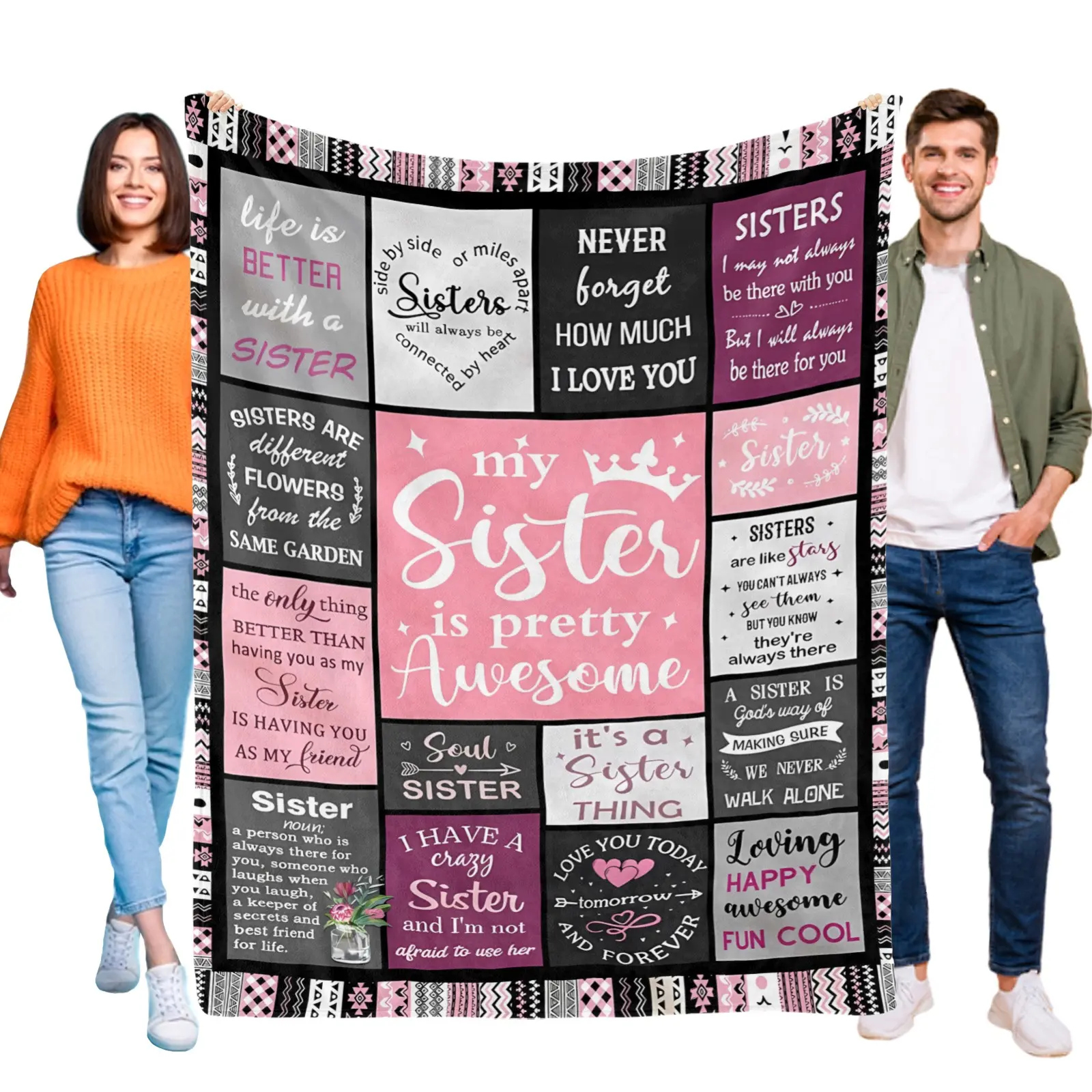 Sister Awesome Blanket, Soft Flannel Throw with Encouraging Messages, Perfect BFF Gift