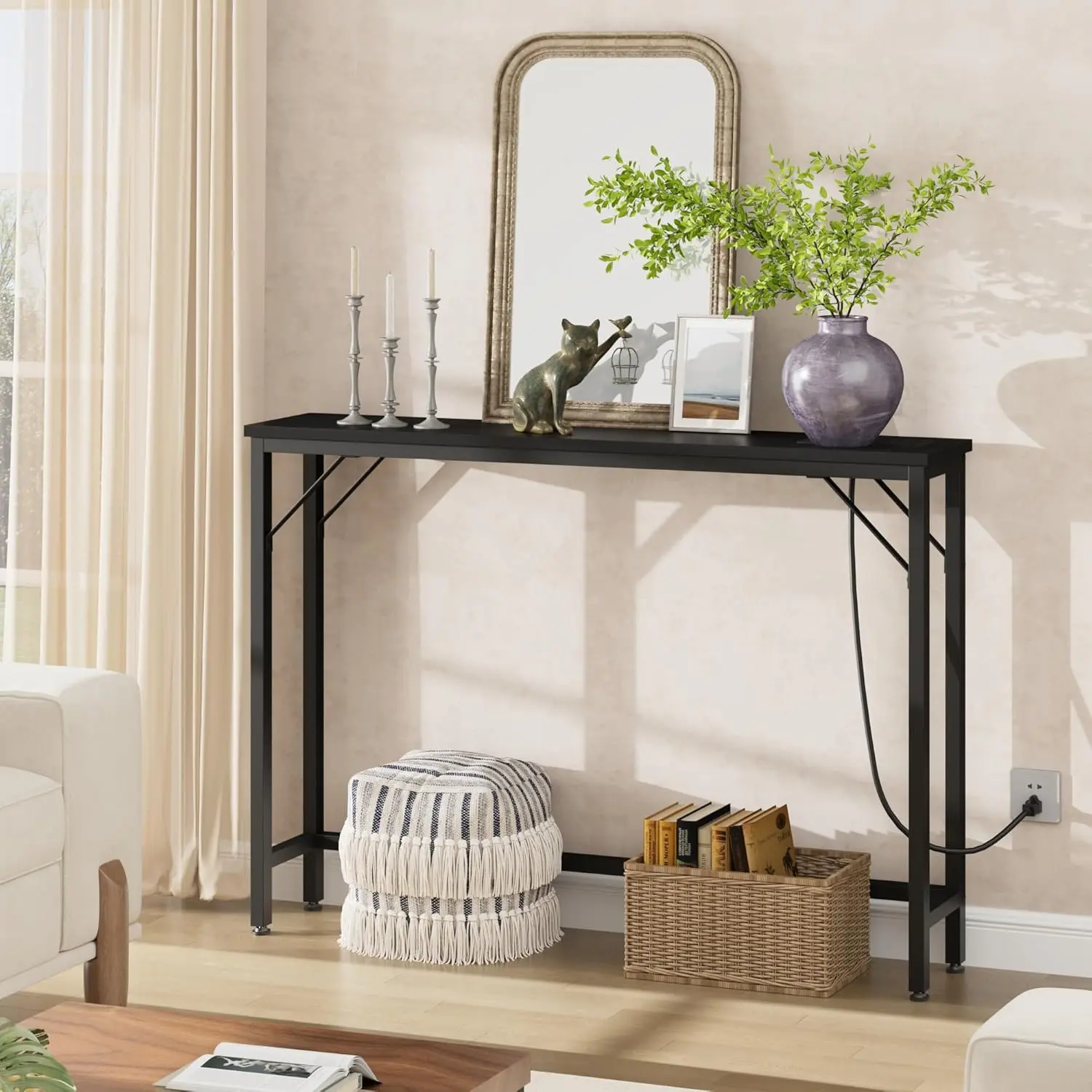 Garvee Slim Console Table with Charging Station – Narrow Sofa Table for Living Room, Entryway or Hallway – Modern Design – Black