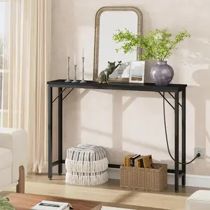Garvee Slim Console Table with Charging Station – Narrow Sofa Table for Living Room, Entryway or Hallway – Modern Design – Black