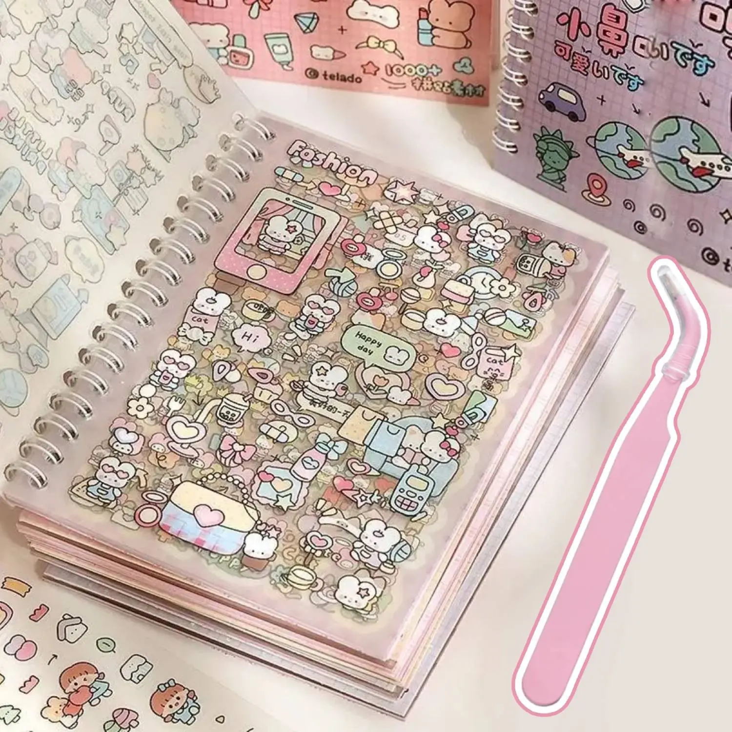 Cartoon Pattern Sticker Book Set, 16 Sheets Cute Cartoon Sticker Book+1 Pink Tweezer, DIY Decorative Sticker for Scrapbooking, Journaling, Gift Wrapping, Sticker Album, Funny Stickers, Aesthetic Stickers, Sticker Packs
