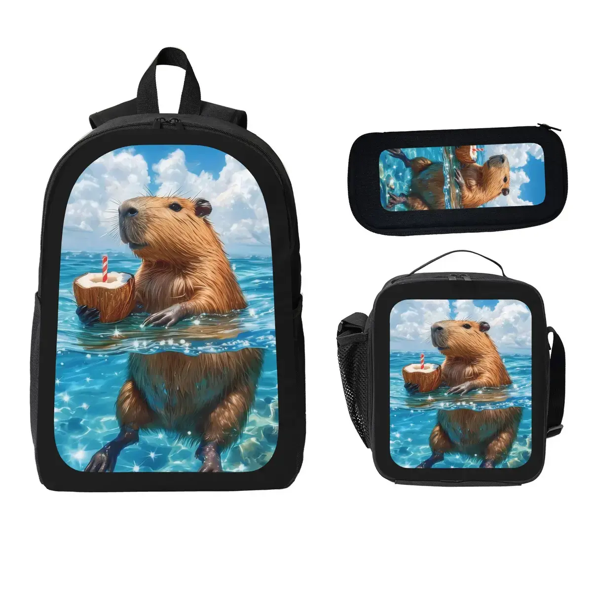 Capybara 3-Pcs Backpack Set - 600D Oxford Cloth Teen Schoolbag with Lunch Box, Pencil Case, Adjustable Straps, Comfortable Mesh Back Cushioning, Lightweight Large Capacity for 15-Inch Laptop, iPad, Books, Zoos Use