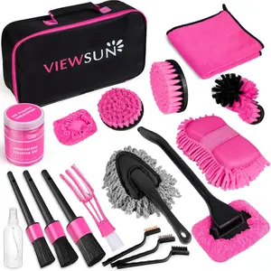 【mothersdaygift】Viewsun 20PCS Car Cleaning Kit, Pink Car Interior Detailing Kit with Drill Brush Set, Windshield Cleaning Tool, Detailing Brushes, Wire Brushes, Cleaning Gel, Complete Cleaning Supplies for Women Christmas gift sets