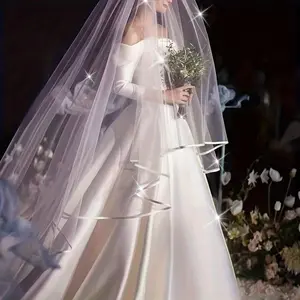 Bridal Glamorous Wedding Veil, Design with Simple Edge and Long Tail, Double Layer Yarn Fabric, Elegant Bride Veil for Weddings-G G-3