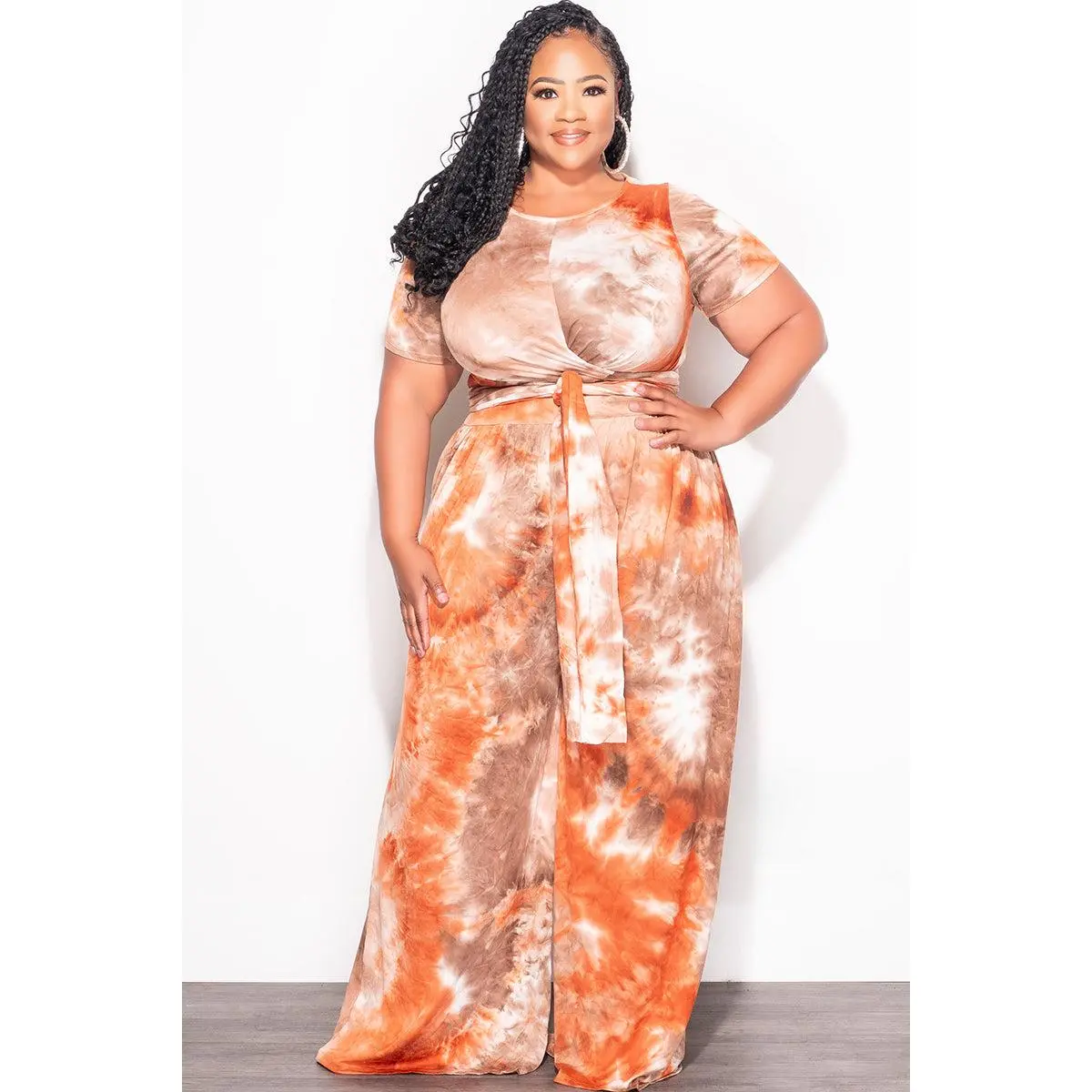 Final Sale Plus Size 2pc Short Sleeve Tie Top and Pants Set in Rust & Brown Tie Dye Print