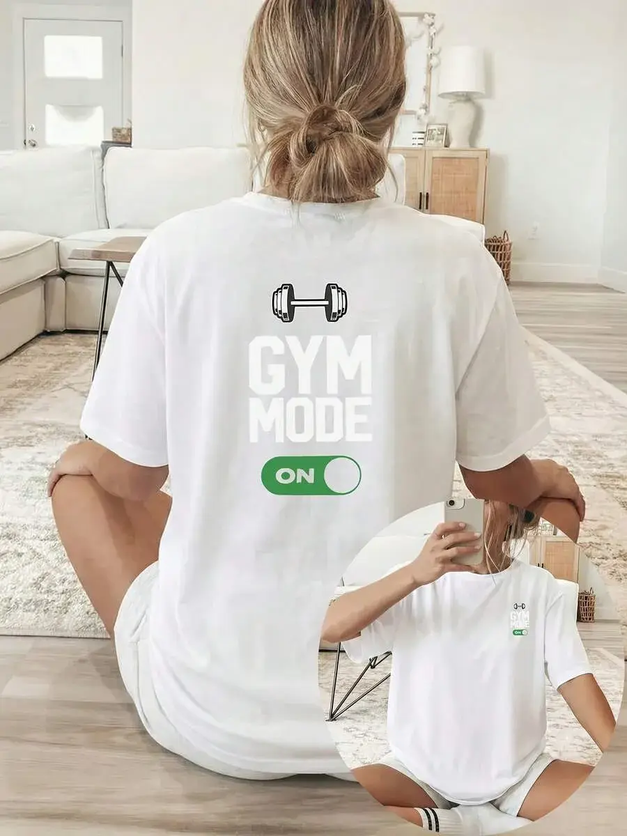 New Summer 2026 Collection, [Double-Sided Print] With Dumbbell Pattern And "GYM MODE" Text Print, Short-Sleeved Round-Neck Casual Top, Suitable For Wo