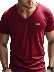 Men's Letter Print V Neck Sports Tee, Regular Fit Casual Breathable Short Sleeve T-Shirt for Daily Outdoor Wear, Men's Sportswear for All Seasons, Gym Tees