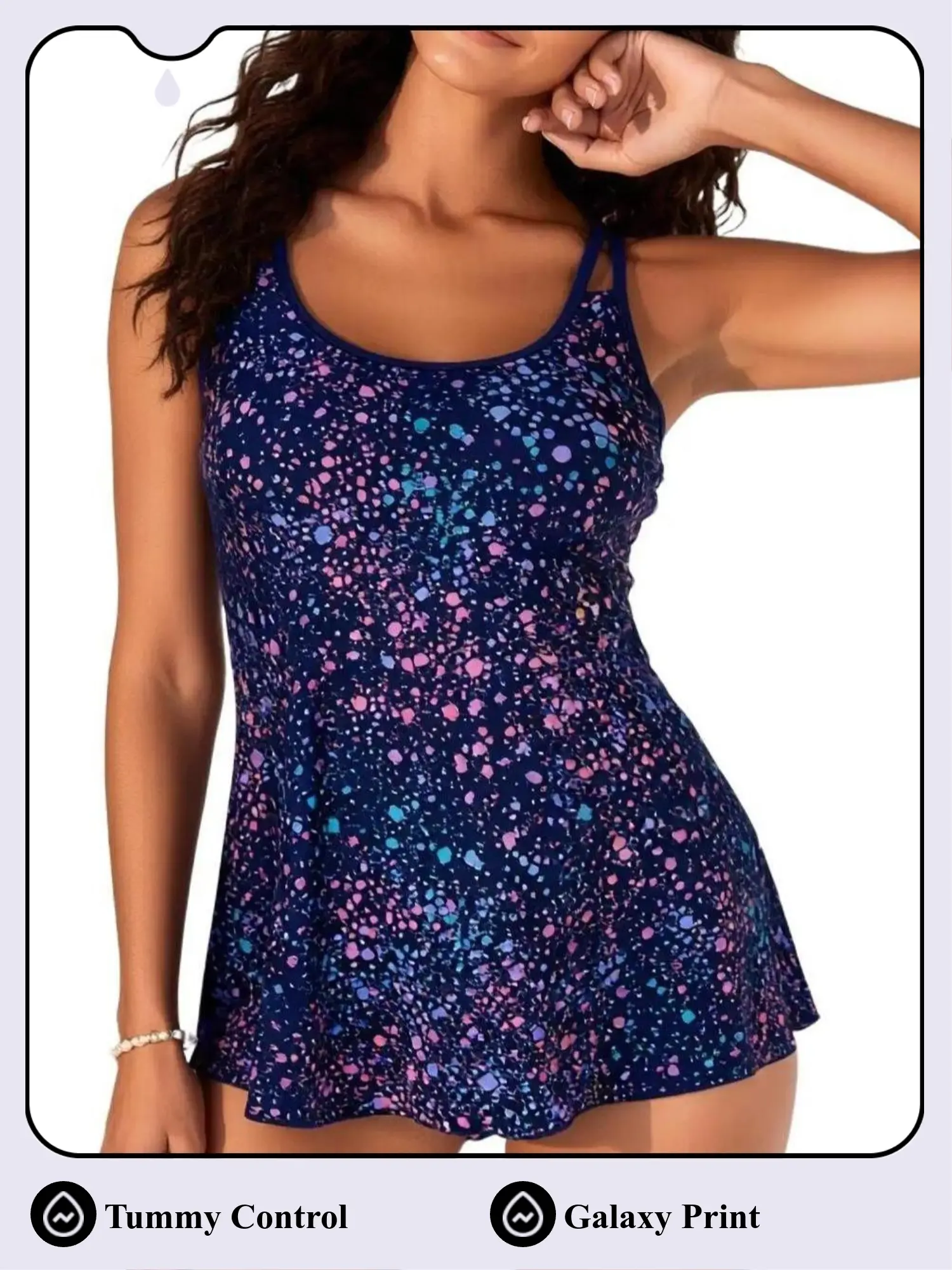Women's 2 Piece Tankini Set, A-Line Galaxy Inspired Confetti Polka Dot Swim Dress, Breathable Quick Dry Tummy Control Swimwear, Polka Dots, Galaxy Inspired Confetti Print, No