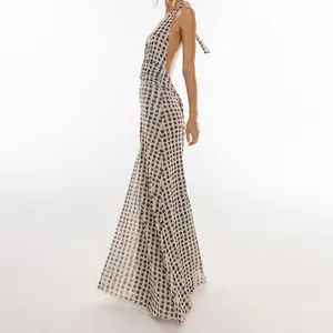 Women Long Dress, Sleeveless Halter Dress Backless Flower/Dots Print Summer Cocktail Dress Womenswear Feminine Formal Light（gift）