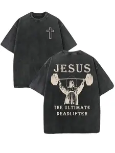 Retro Washed T-Shirt Double Sided Printed 230 Pure Cotton 'JESUS THE ULTIMATE DEADLIFTER' Letter & Fitness Pattern Christian Gift Street Style Slightly Cropped Men's T-Shirt Short SleeveValentine's Day couple style