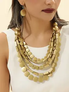 Fashionably Exaggerated 2-Piece Set: Long Wooden Slice Multi-Layer Tassel Earrings and Necklace Set Fashion Jewelry Set