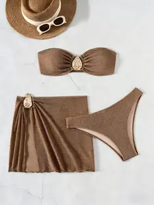 Textured Bikini Set with Matching Skirt, Three-Piece Summer Swimsuit Set for Vacation Photos, Casual Slim-Fit Paisley Pattern, All-Season Wear