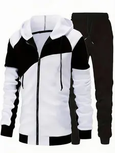 2-Piece Zip-Up Color Block Hooded Tracksuit for Men Stylish Casual Sport Daily Outfit