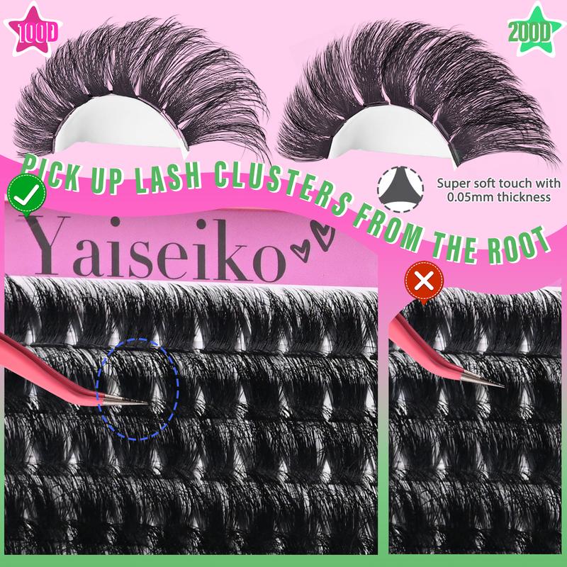 Lash Clusters 100D+200D Thick Eyelash Clusters 12-25mm Wispy Individual Mega Volume Lashes D C Cluster Eyelash Extensions 280Pcs DIY Lash Extension at Home, by Yaiseiko(Plant Fiber)