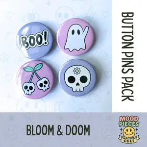 Charming Doom Button 4 Pin Pack | Cute 1.25 Inch Metal Back Pins | Kawaii Third-Eye Skull, Skeleton Heart, Cherry Skulls, Ghost Buttons