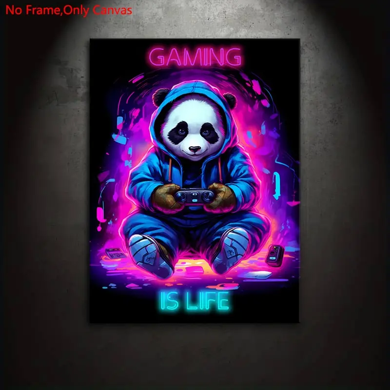 1 piece/set Frameless canvas painting and printing poster, classic cyberpunk style art, panda holding a controller - gaming is life, gift for video game lovers, Gaming enthusiasts, ideal for bedrooms, living rooms, dorm hallways, murals, wall decorations