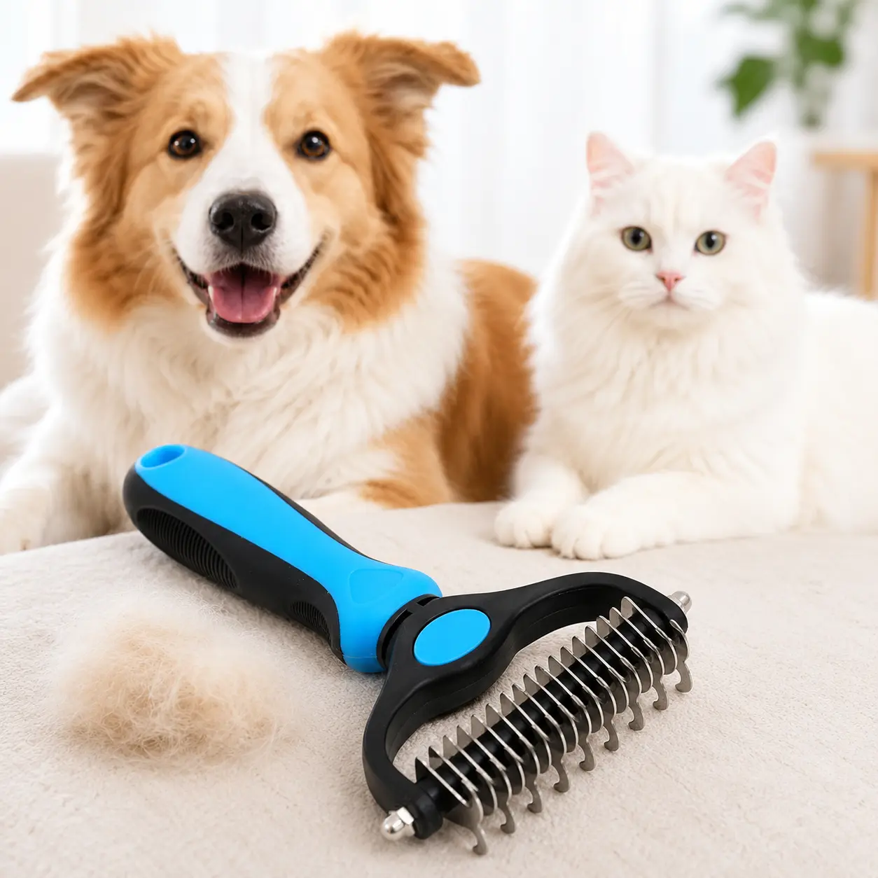 Pet Grooming Rake for Dogs & Cats - Double-Sided Deshedding and Dematting Tool, Gently Remove 95% of Loose Undercoat & Mats for Long-Haired Pets, Painless Fur Brush for Shedding Control (Blue)