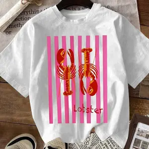 Women's Lobster Print Round Neck Tee, Casual Short Sleeve Crew Neck T-shirt for Daily Wear, Ladies Clothes for All Seasons, Top