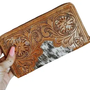 Countryside Co. Juliet Tooled Leather Cowhide Wallet with Zipper Closure, Wallet organizer, Women's Long Wallet