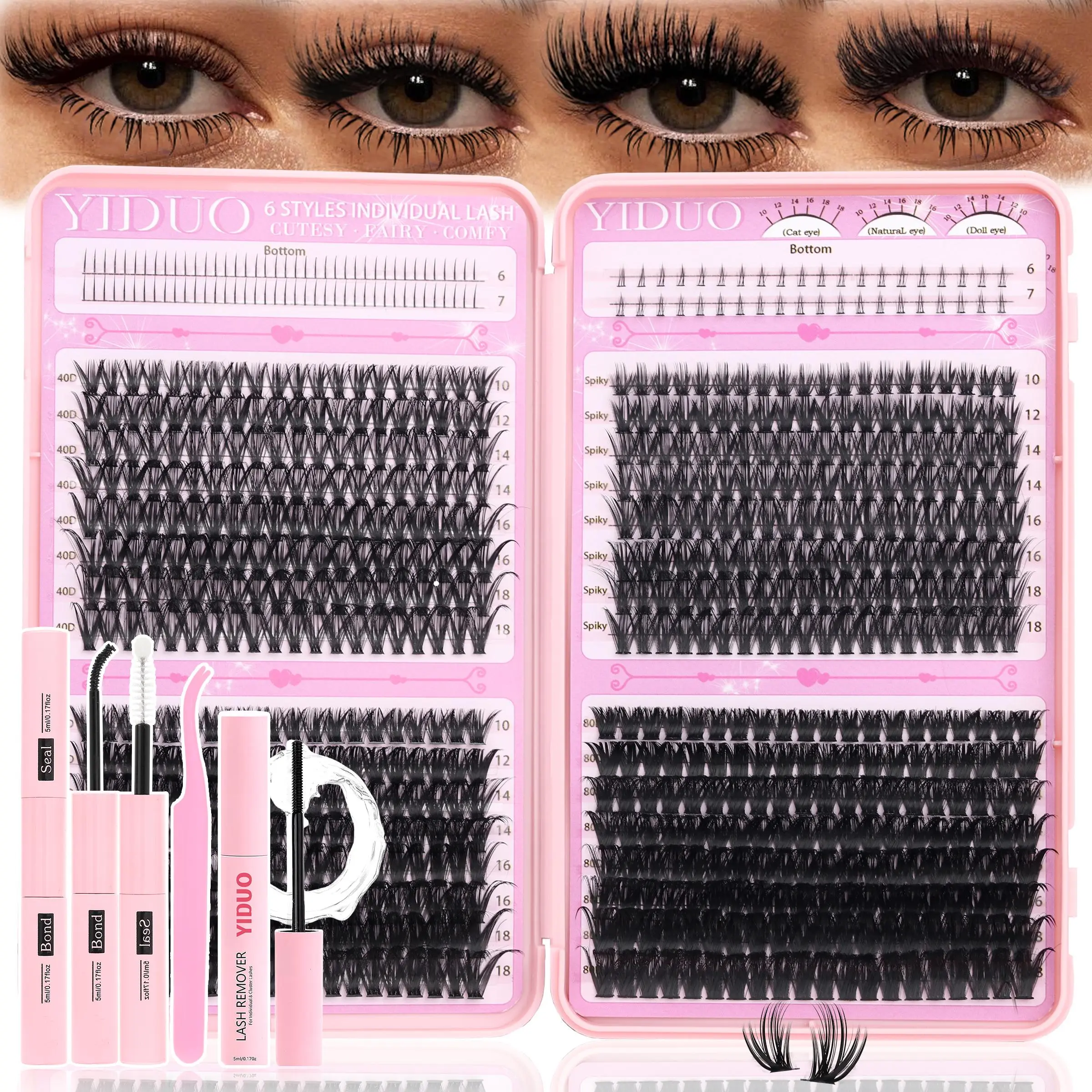 YIDUO Lash Clusters Kit 760pcs 40D&60D&Spiky with Bottom Lashes Kit D Curl Wispy DIY Lash Clusters 6-18mm Eyelash Extension Kit with Bond & Seal Remover Tweezers Soft for Daily Life False Eyelash Extensions Eyelashes Extensions Kit