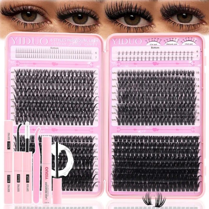 YIDUO Lash Clusters Kit 760pcs 40D&60D&Spiky with Bottom Lashes Kit D Curl Wispy DIY Lash Clusters 6-18mm Eyelash Extension Kit with Bond & Seal Remover Tweezers Soft for Daily Life False Eyelash Extensions Eyelashes Extensions Kit