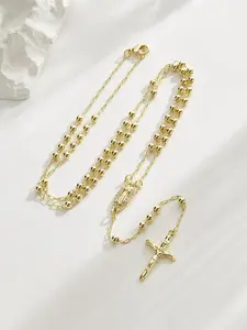 Fashion Elegant Virgin Mary Charm Beaded Necklace, Copper Plated 14k 4mm Round Beads, Christian Jesus Cross Pendant Jewelry Gift, Cross Design Pendant