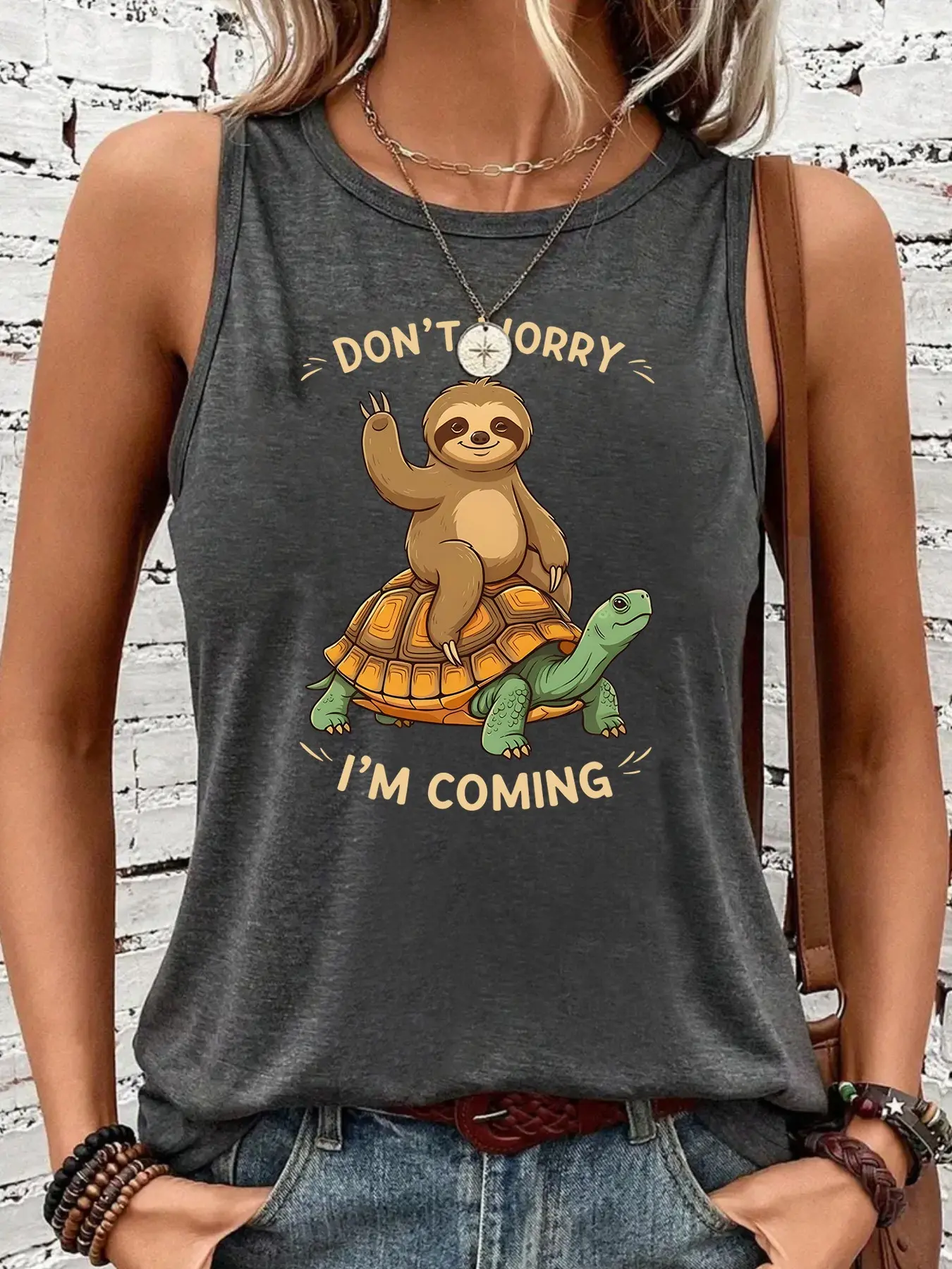 Women's Cute Sloth Pattern Sleeveless Oversized Tank Top, Summer Tank Top, Casual Loose-Fitting Round Neck, All-Season Elastic Fabric